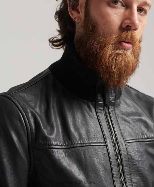 hombres Superdry negro chamarra bomber de piel con cuello de punto 2R68Z1108
