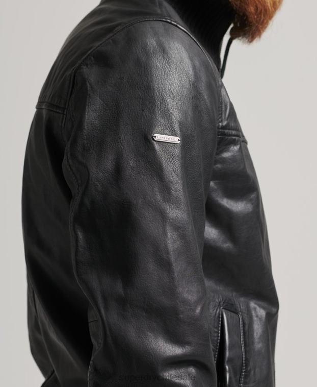 hombres Superdry negro chamarra bomber de piel con cuello de punto 2R68Z1108