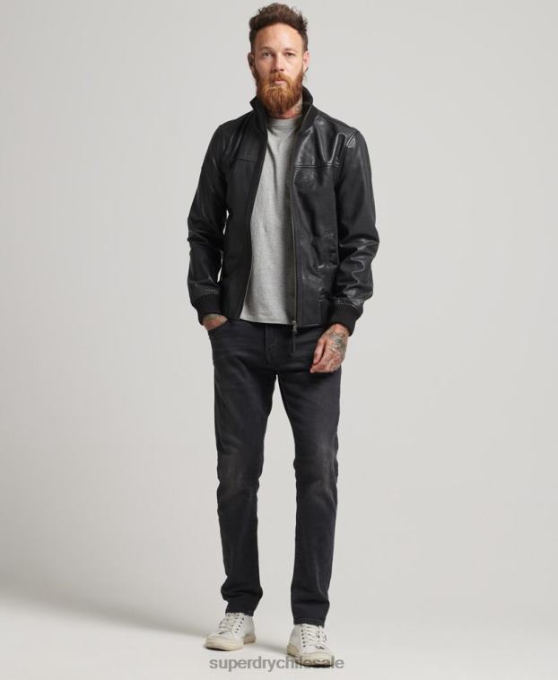 hombres Superdry negro chamarra bomber de piel con cuello de punto 2R68Z1108