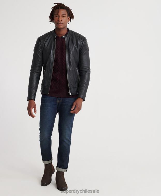hombres Superdry negro chamarra de carreras de cuero de héroe de la ciudad 2R68Z4758