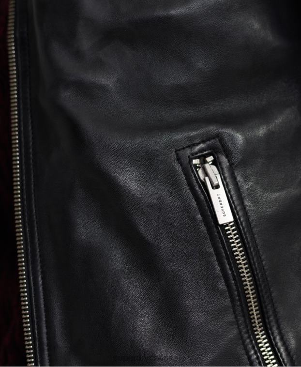hombres Superdry negro chamarra de carreras de cuero de héroe de la ciudad 2R68Z4758