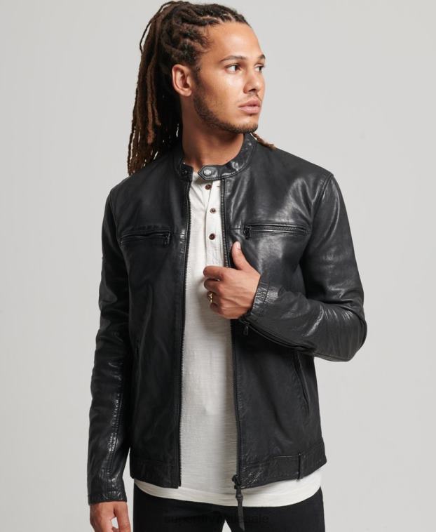 hombres Superdry negro chamarra de carreras de cuero studios 2R68Z967