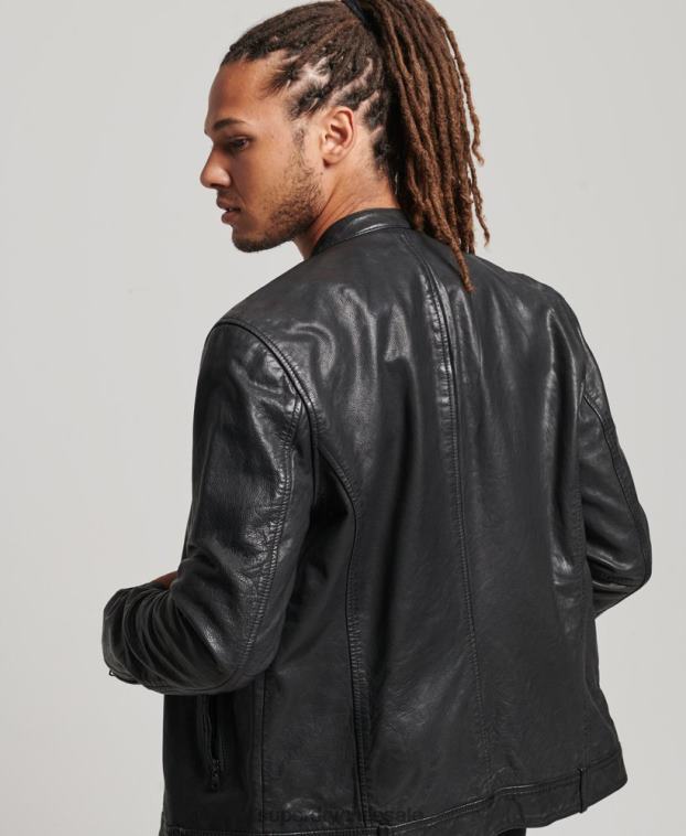 hombres Superdry negro chamarra de carreras de cuero studios 2R68Z967