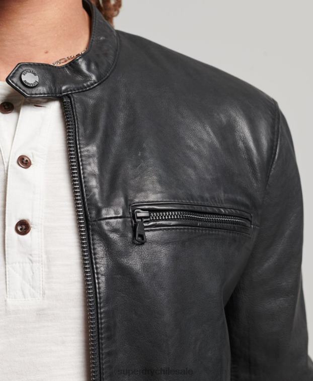 hombres Superdry negro chamarra de carreras de cuero studios 2R68Z967