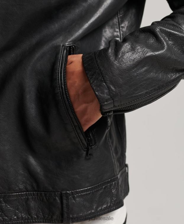 hombres Superdry negro chamarra de carreras de cuero studios 2R68Z967
