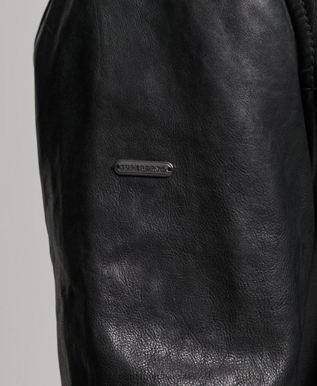 hombres Superdry negro chamarra de carreras de cuero studios 2R68Z967