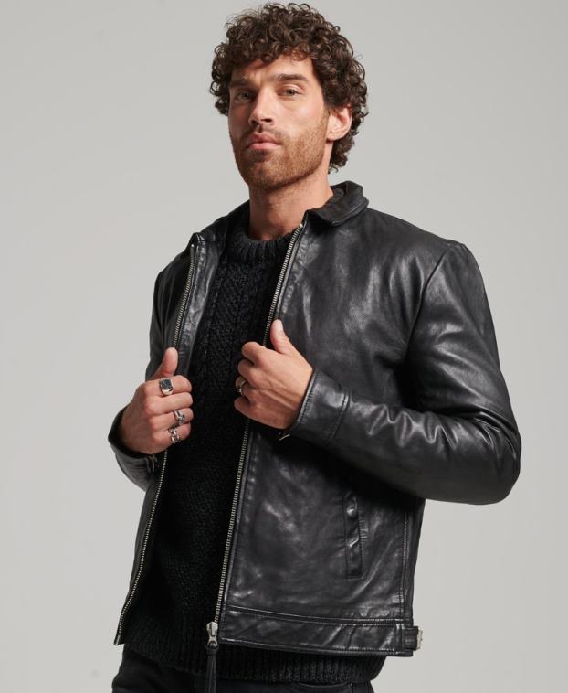 hombres Superdry negro chamarra de cuero entrenador slim fit 2R68Z991
