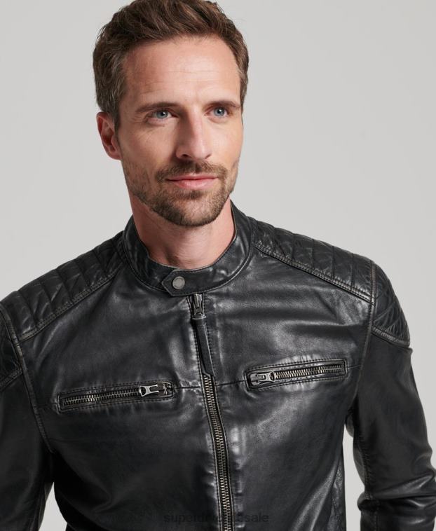 hombres Superdry negro chamarra de motociclista de cuero heritage 2R68Z906