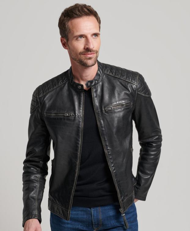 hombres Superdry negro chamarra de motociclista de cuero heritage 2R68Z906