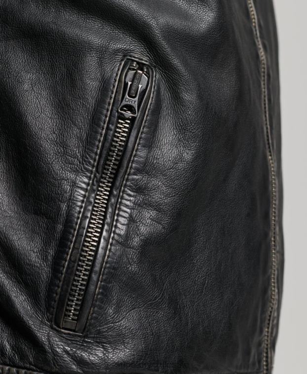 hombres Superdry negro chamarra de motociclista de cuero heritage 2R68Z906
