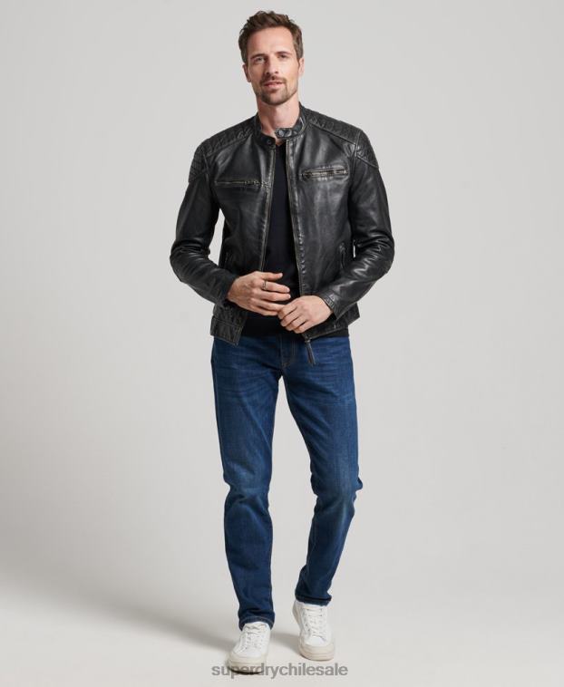 hombres Superdry negro chamarra de motociclista de cuero heritage 2R68Z906
