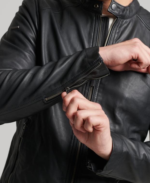hombres Superdry negro chamarra de piloto de cuero ligero hero 2R68Z4607