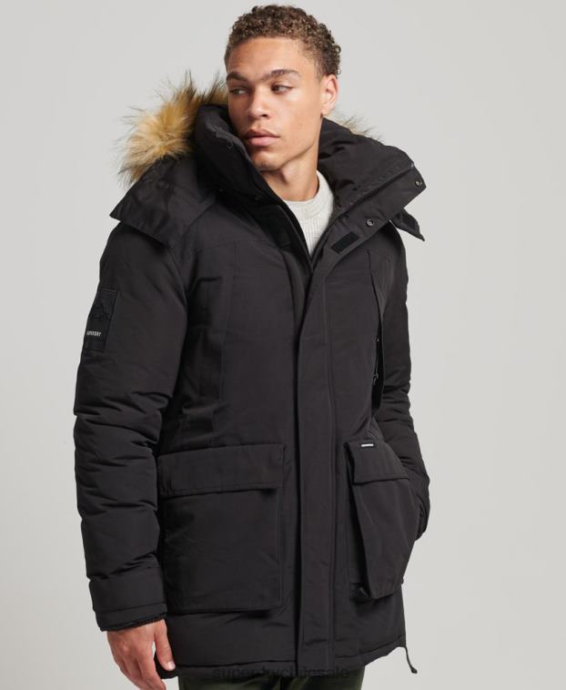 hombres Superdry negro chamarra parka Everest con capucha de piel sintética 2R68Z4613