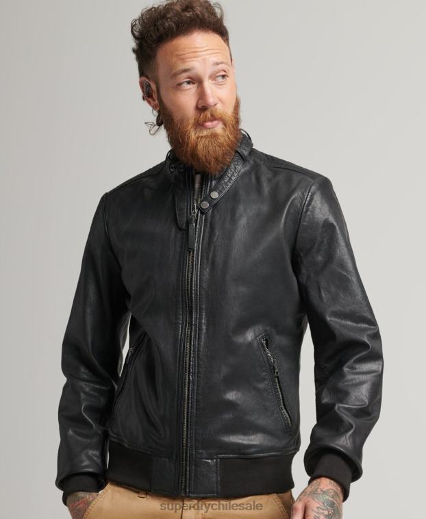 hombres Superdry negro chaqueta bomber de cuero 2R68Z4461