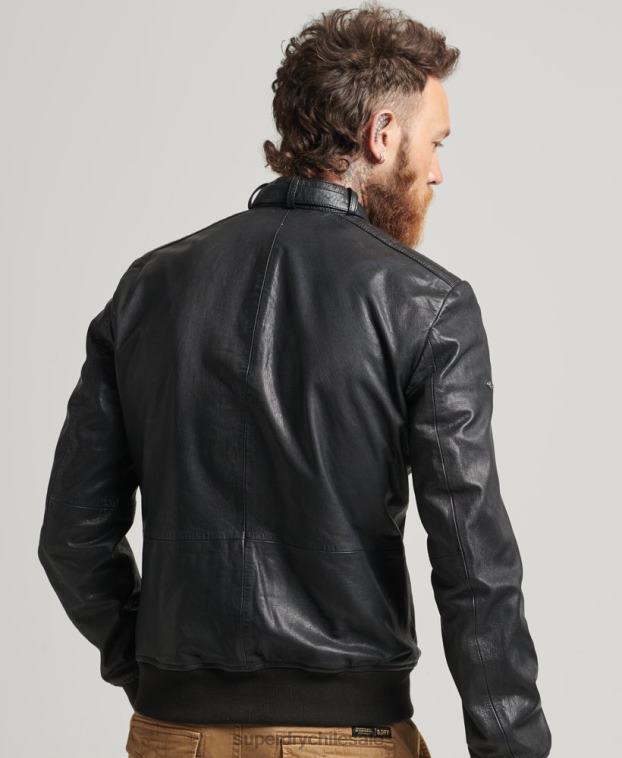 hombres Superdry negro chaqueta bomber de cuero 2R68Z4461