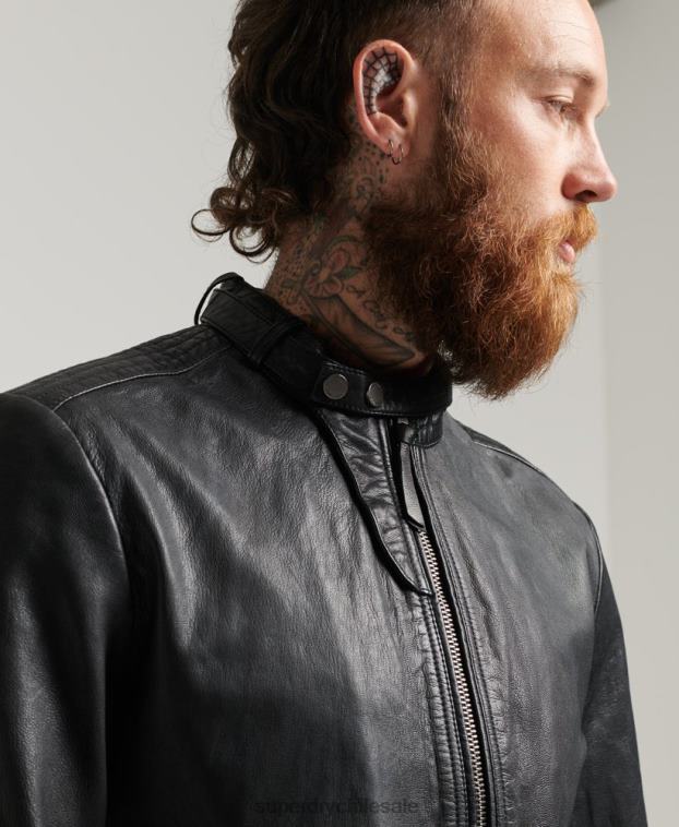 hombres Superdry negro chaqueta bomber de cuero 2R68Z4461
