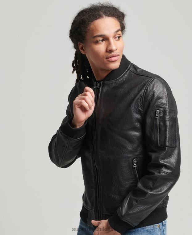 hombres Superdry negro chaqueta bomber de cuero 2R68Z4753