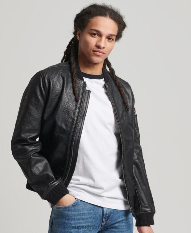 hombres Superdry negro chaqueta bomber de cuero 2R68Z4753