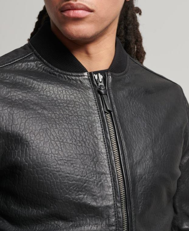 hombres Superdry negro chaqueta bomber de cuero 2R68Z4753