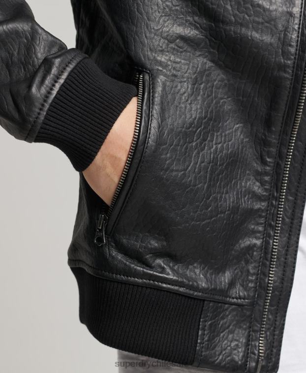 hombres Superdry negro chaqueta bomber de cuero 2R68Z4753