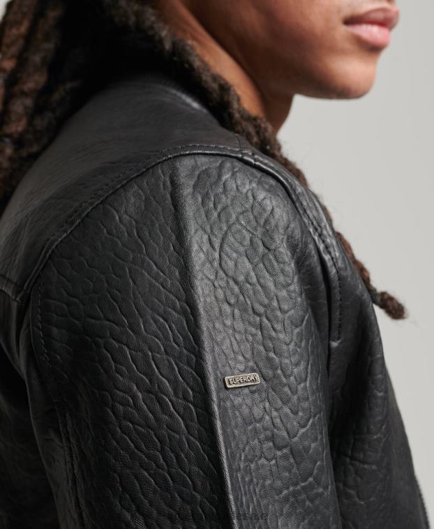 hombres Superdry negro chaqueta bomber de cuero 2R68Z4753