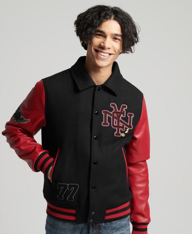 hombres Superdry negro chaqueta bomber universitaria mixta 2R68Z4473