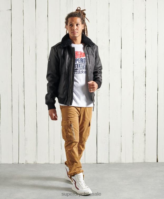 hombres Superdry negro chaqueta de cuero de vuelo de aviador 2R68Z4488