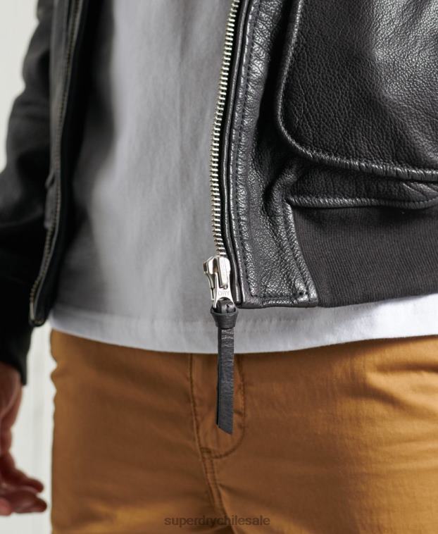 hombres Superdry negro chaqueta de cuero de vuelo de aviador 2R68Z4488