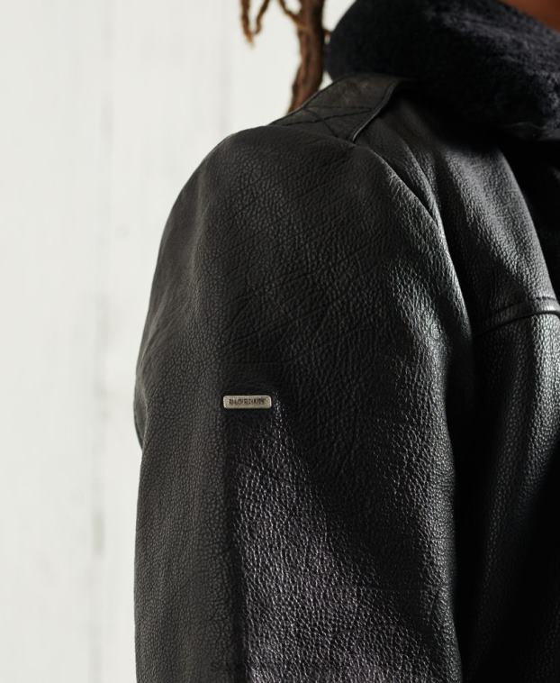 hombres Superdry negro chaqueta de cuero de vuelo de aviador 2R68Z4488