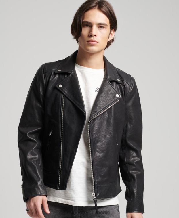 hombres Superdry negro chaqueta de motociclista de cuero 2R68Z1060