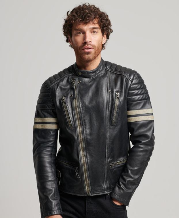 hombres Superdry negro chaqueta de motociclista de cuero 2R68Z4691