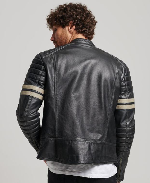 hombres Superdry negro chaqueta de motociclista de cuero 2R68Z4691