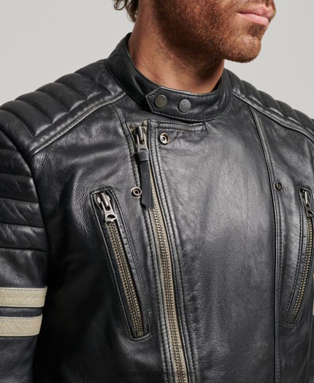 hombres Superdry negro chaqueta de motociclista de cuero 2R68Z4691