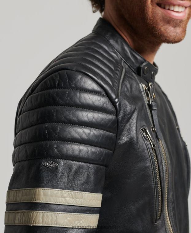hombres Superdry negro chaqueta de motociclista de cuero 2R68Z4691