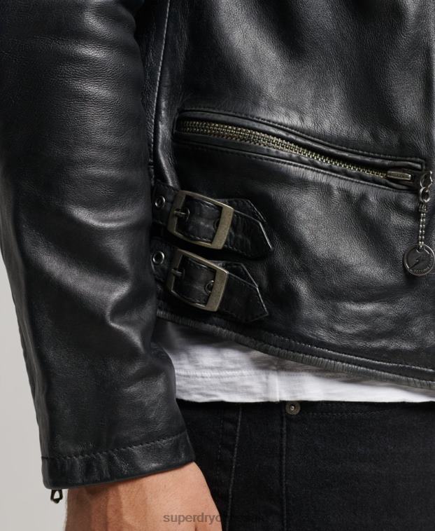 hombres Superdry negro chaqueta de motociclista de cuero 2R68Z4691