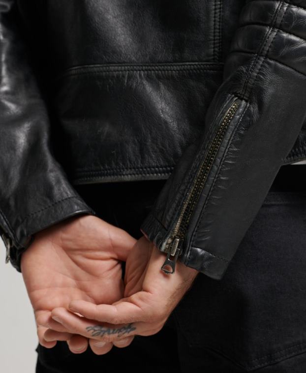 hombres Superdry negro chaqueta de motociclista de cuero 2R68Z4691
