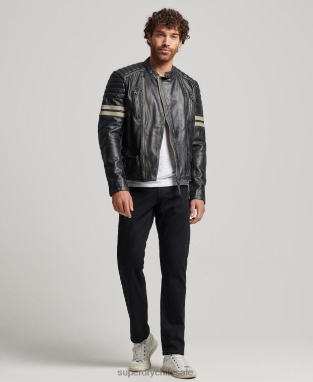 hombres Superdry negro chaqueta de motociclista de cuero 2R68Z4691