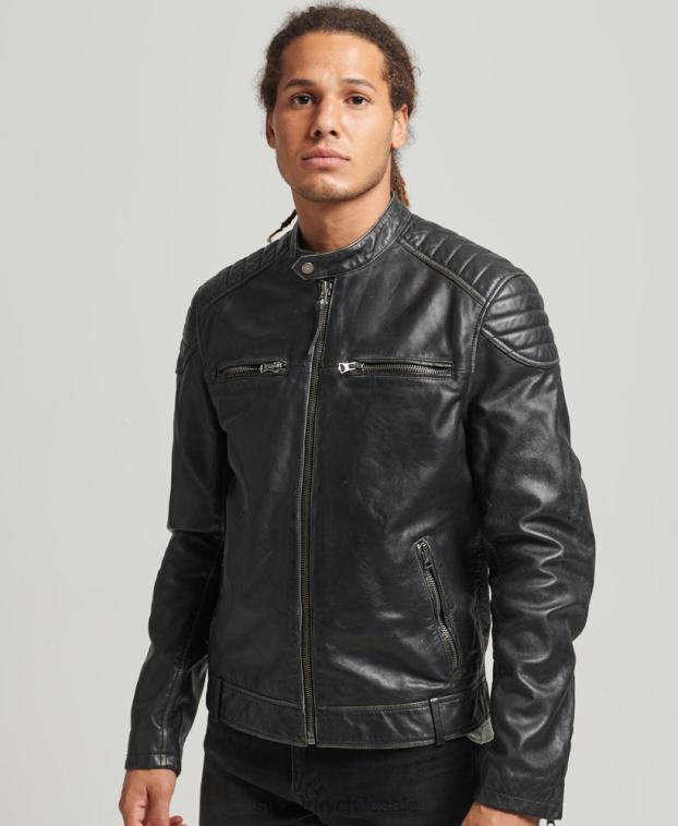 hombres Superdry negro chaqueta de motociclista de cuero 2R68Z920