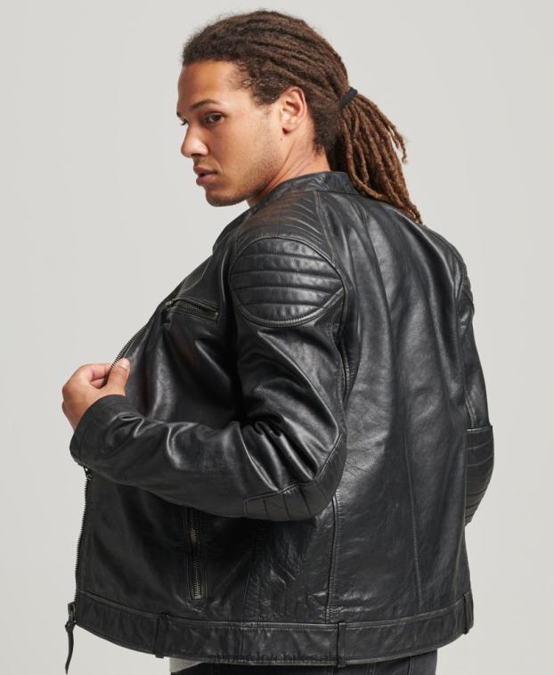 hombres Superdry negro chaqueta de motociclista de cuero 2R68Z920