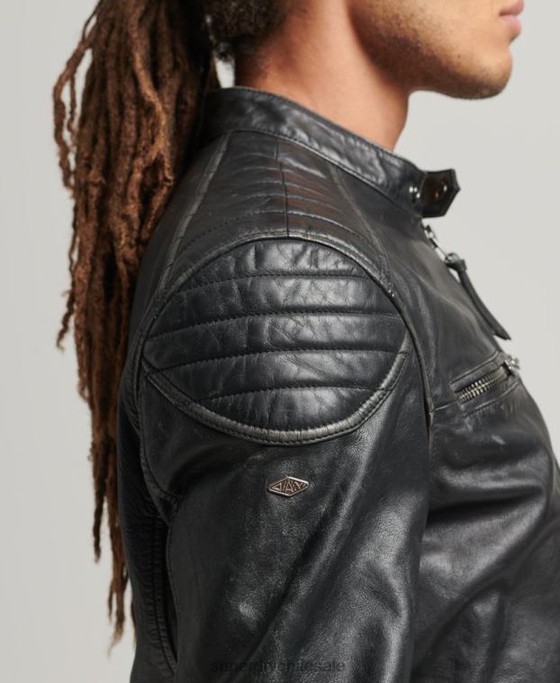 hombres Superdry negro chaqueta de motociclista de cuero 2R68Z920