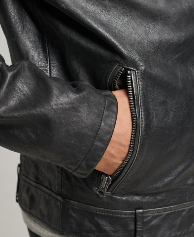 hombres Superdry negro chaqueta de motociclista de cuero 2R68Z920