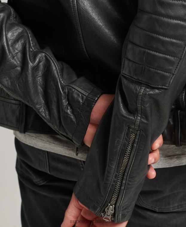 hombres Superdry negro chaqueta de motociclista de cuero 2R68Z920