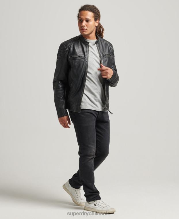hombres Superdry negro chaqueta de motociclista de cuero 2R68Z920