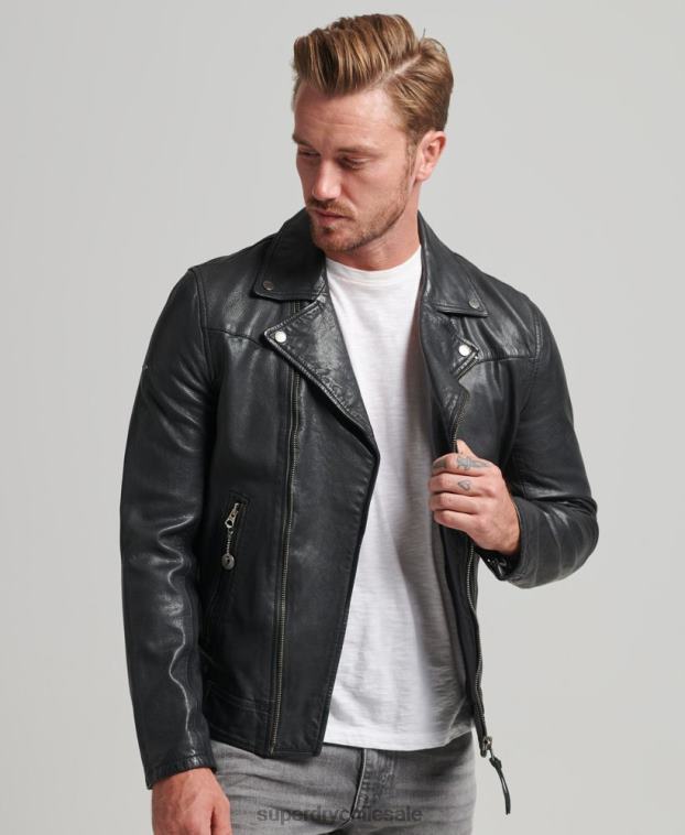 hombres Superdry negro chaqueta de motorista de cuero 2R68Z953