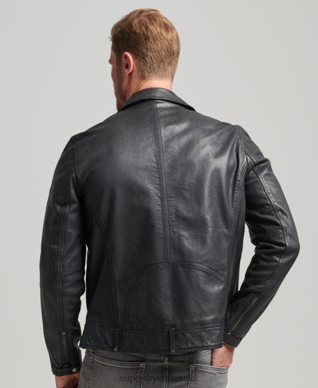 hombres Superdry negro chaqueta de motorista de cuero 2R68Z953