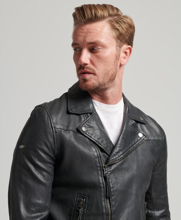 hombres Superdry negro chaqueta de motorista de cuero 2R68Z953