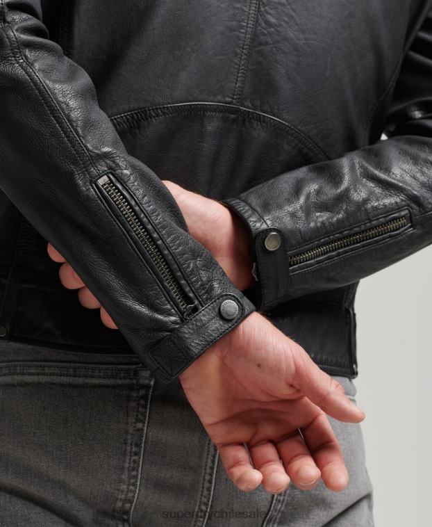 hombres Superdry negro chaqueta de motorista de cuero 2R68Z953
