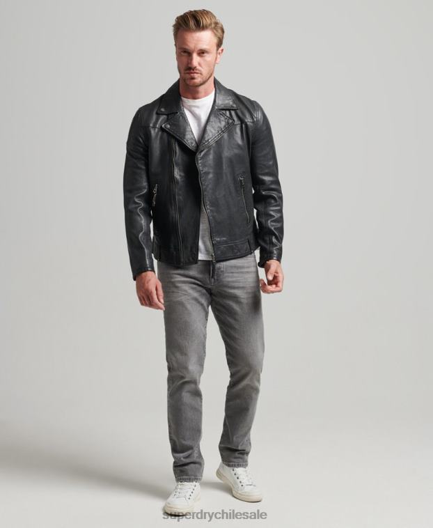 hombres Superdry negro chaqueta de motorista de cuero 2R68Z953