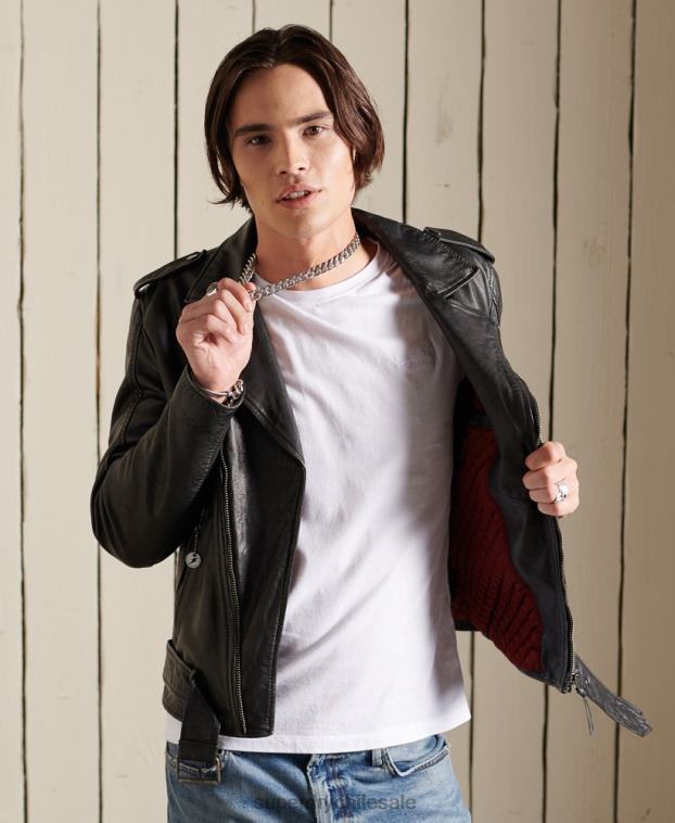 hombres Superdry negro chaqueta motociclista de cuero vintage 2R68Z4784