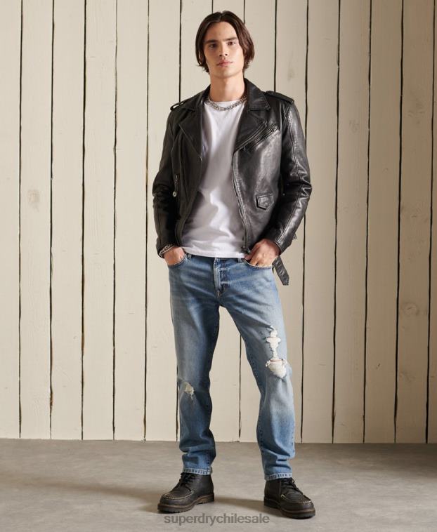 hombres Superdry negro chaqueta motociclista de cuero vintage 2R68Z4784